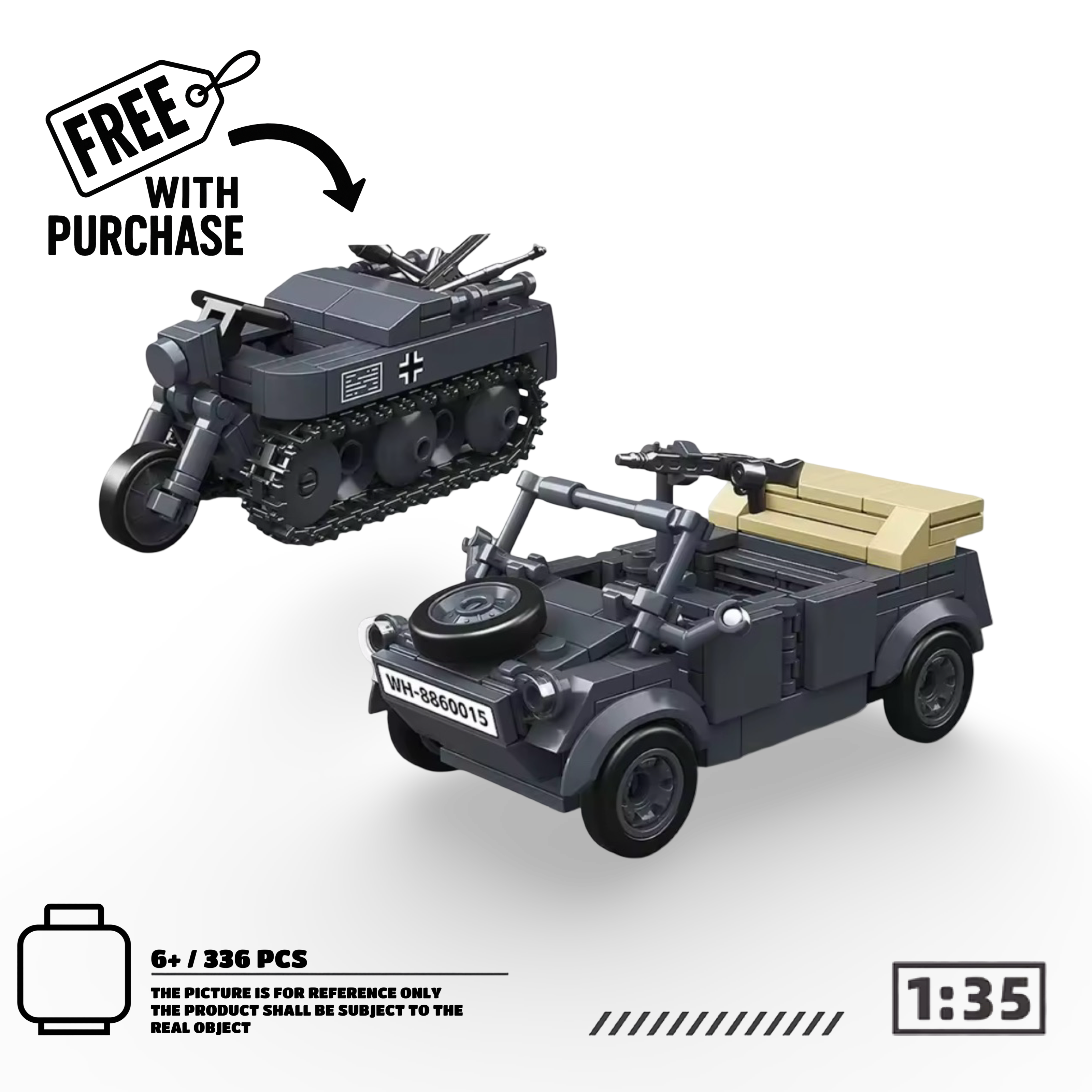 German Type 82 Kübelwagen with a FREE SD.KFZ. 2 (336 PCS) – WW2 Brick Compatible Military Build