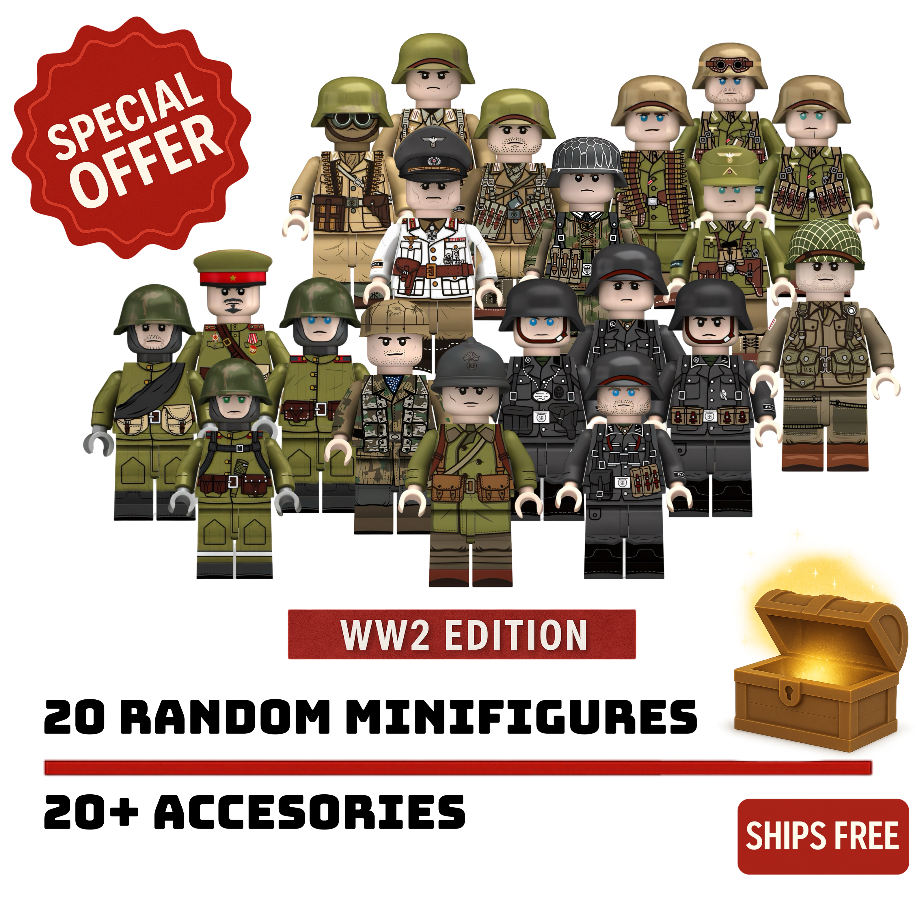 WW2 Edition – 20 Random Figures + 20+ Accessories (Best Value Pack)